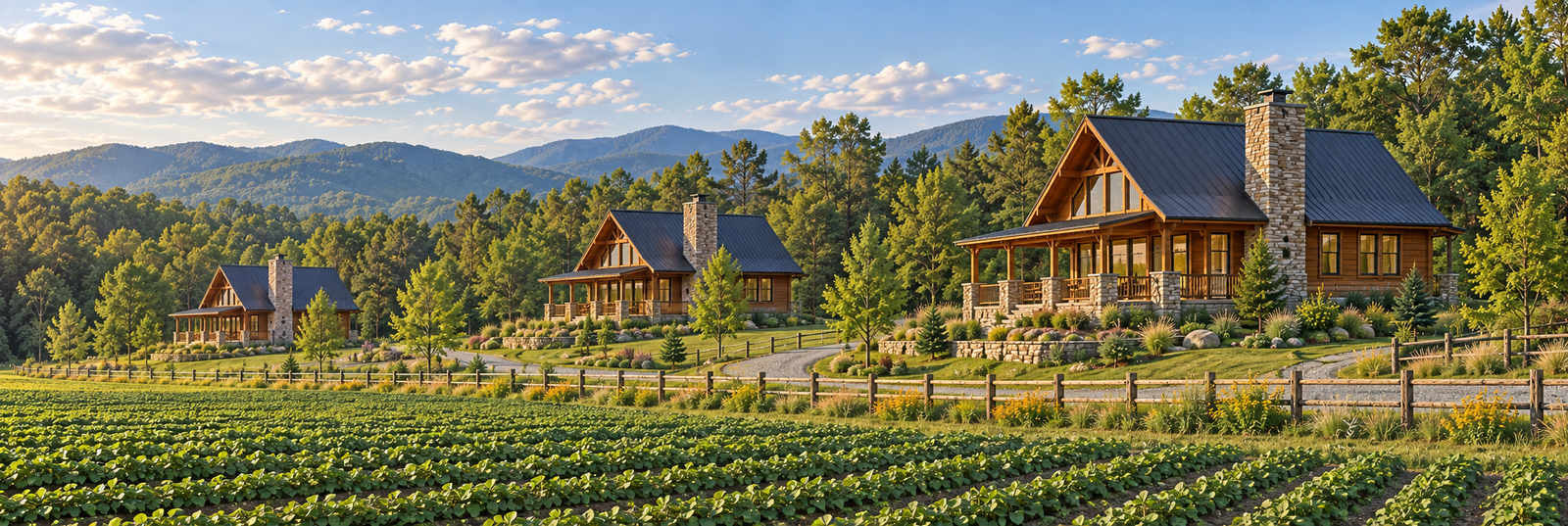 Concept visualization: a wider timber cabin home with a porch along its front, set on a planted rise with two further cabins spaced behind it and mountains in the distance.