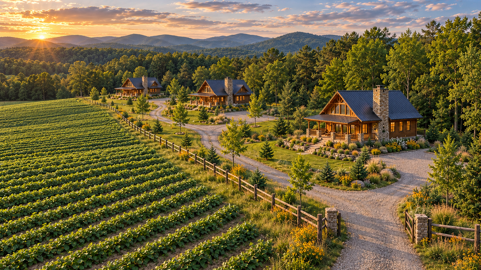 Concept visualization at sunset: the largest cabin home, with a deep covered porch, a tall stone chimney and a gabled glass end, sitting above the field with the sun low over the hills.