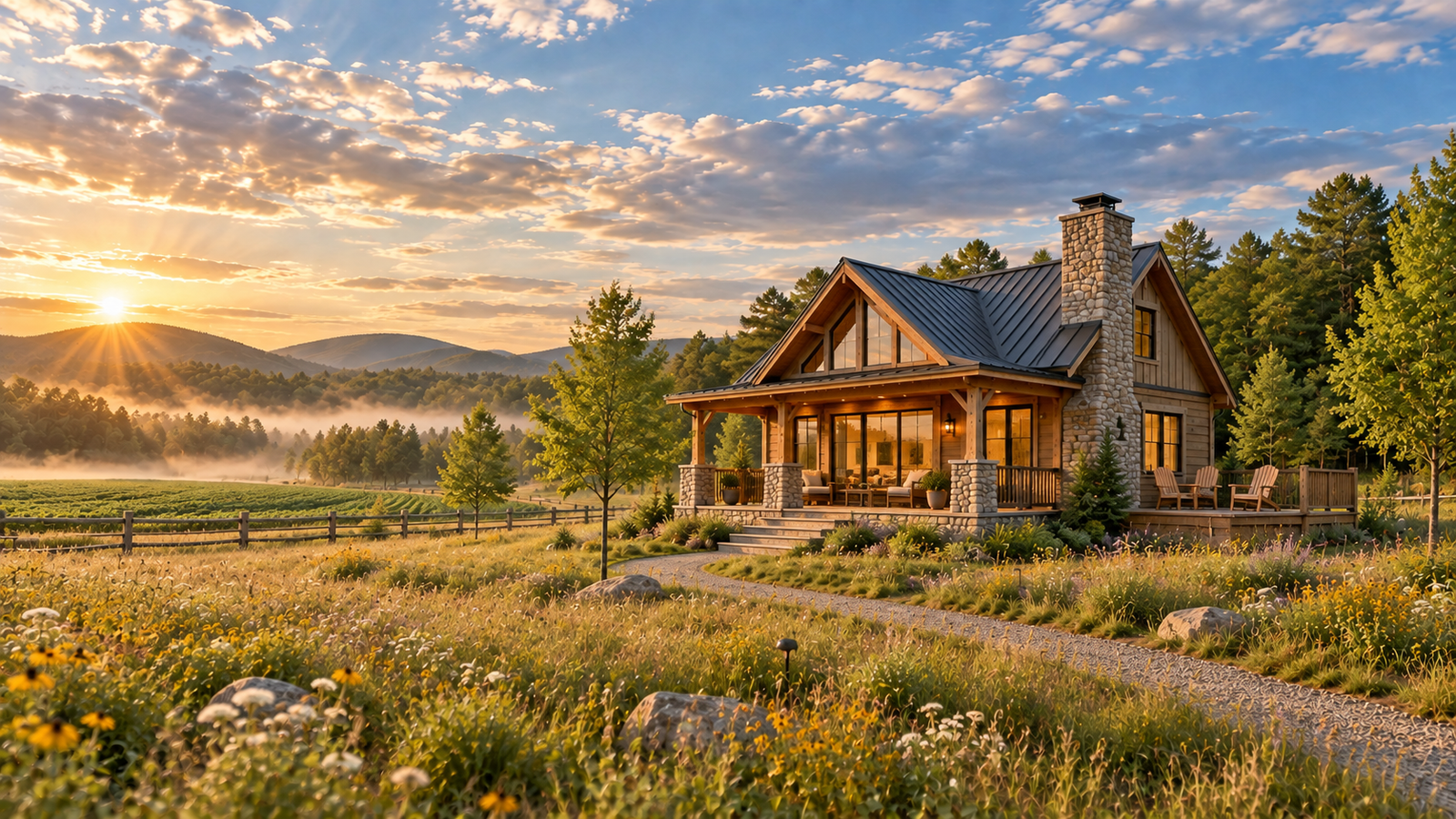Concept visualization: a compact timber cabin home with a stone chimney and a covered porch, standing at the edge of a wildflower meadow with a gravel path leading to it and misted hills behind at sunrise.