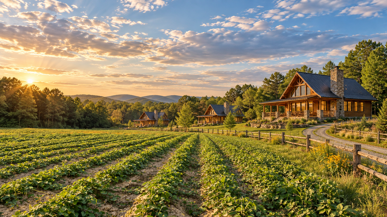 Concept visualization: timber cabin homes with metal roofs and deep porches, set well apart above a planted farm field at sunset, with a split-rail fence, a gravel lane, and wooded hills behind.