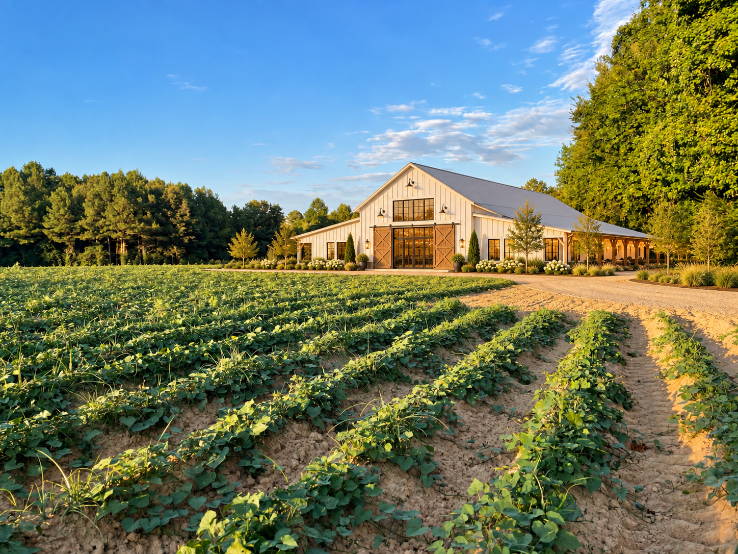Concept visualization: a white board-and-batten barn venue with large glass doors, sliding timber barn doors, and a covered veranda, set behind rows of crops at golden hour with tall trees on either side.