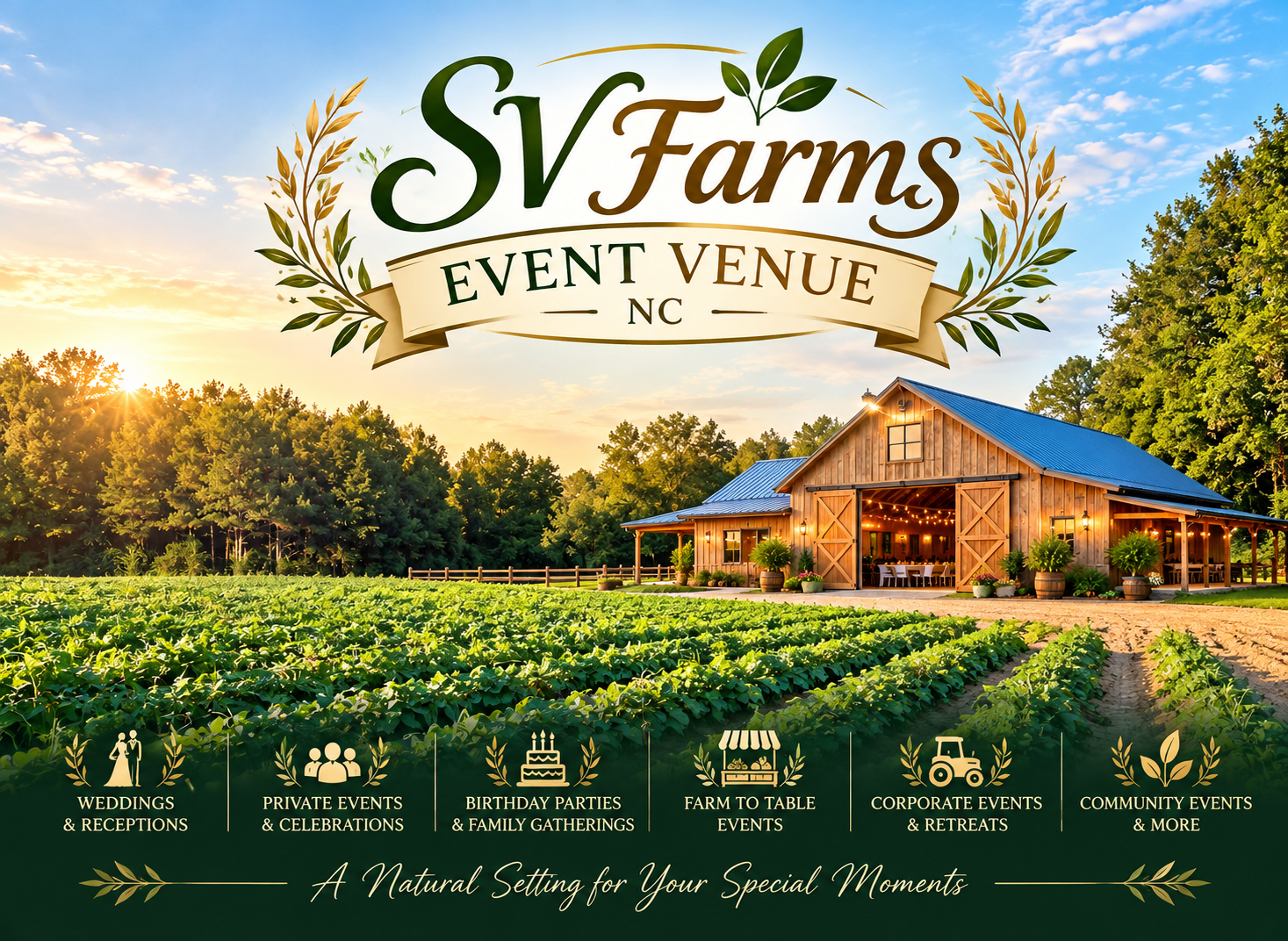 SV Farms Event Venue NC poster: a timber barn with open doors and string lights beside a crop field at sunset, with event types listed — weddings and receptions, private events, birthday parties and family gatherings, farm to table events, corporate events and retreats, community events.