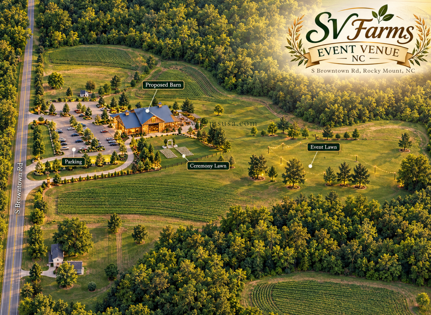 Aerial concept map of the SV Farms Event Venue: a proposed barn beside a landscaped guest parking area off S Browntown Road, a ceremony lawn with rows of seating, and a large event lawn with string lights among trees, surrounded by crop fields and woodland at sunset.